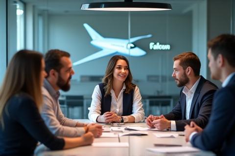 Falcon Aero Dynamics team collaborating in a modern office