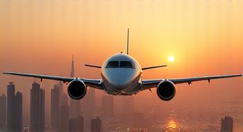 Modern aircraft flying over Dubai skyline