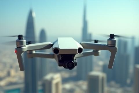 Drone capturing aerial view of Dubai skyline