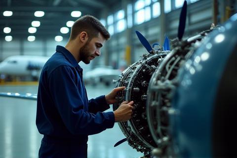 Technician performing aircraft maintenance in hangar